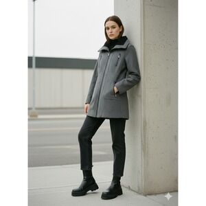 Yoki Womens Grey Wool Blend Full Zip Mid-Length Coat Ribbed Collar JW2217 Size M